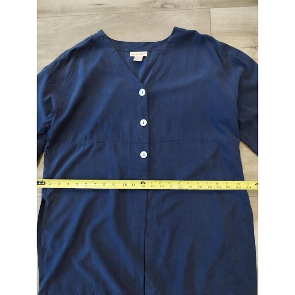 Apostrophe Navy Blue 100% Silk V Neck Mother Pearl Button Tunic Top M - Picture 7 of 12